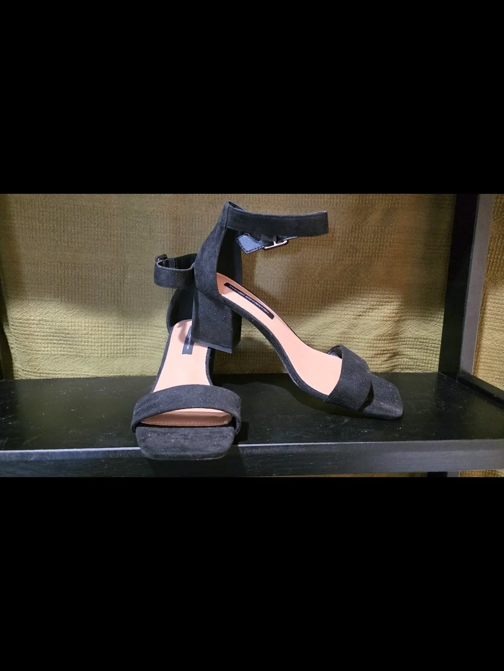 French Connection Black Suede Ankle-Strap Block Heel Sandals